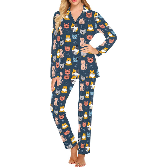 Cats Women Pajama Set, Kitten Ladies Female 2 Piece Pants Print Top PJs Holiday Long Sleeve Sleep Sleepwear Cute Adults Nightwear