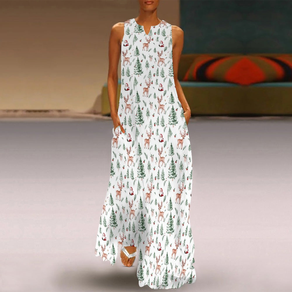 White Christmas Maxi Dress, Holiday Xmas Trees Reindeer Santa Women Sleeveless Casual Cute Designer Plus Size Cocktail Party Designer S / White White Christmas Maxi Dress, Holiday Xmas Trees Reindeer Santa Women Sleeveless Casual Cute Designer Plus Size Cocktail Party Designer S / White