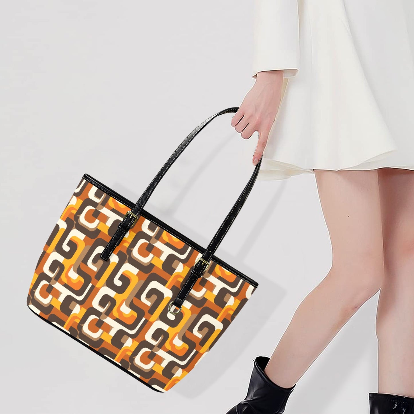 Retro Vintage Tote Bag Purse, 70s Geometric Orange Brown Art Women Vegan Leather Handbag Zip on Top Designer Handmade Shoulder Ladies Bag
