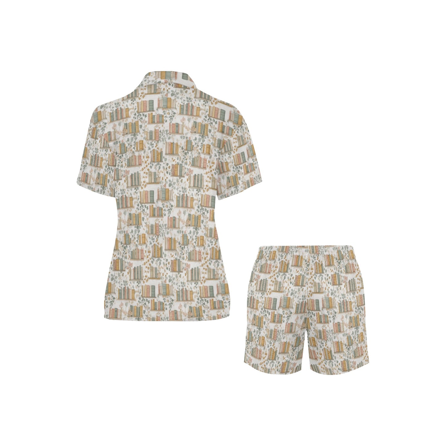 Book Pajamas Set, Reading Lounge Library Botanical Sleepwear Short Sleeve Sleep Shirt Shorts Night Plus Size Summer Designer PJs Button Up - Starcove Fashion