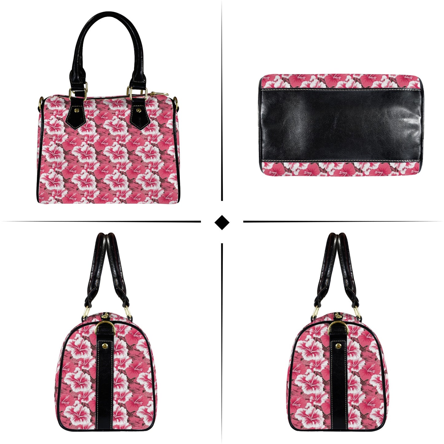 Pink Hibiscus Purse Handbag, Floral Flowers Women Ladies Print Canvas and Leather Barrel Type Designer Accessory Shoulder Crossbody Bag Gift