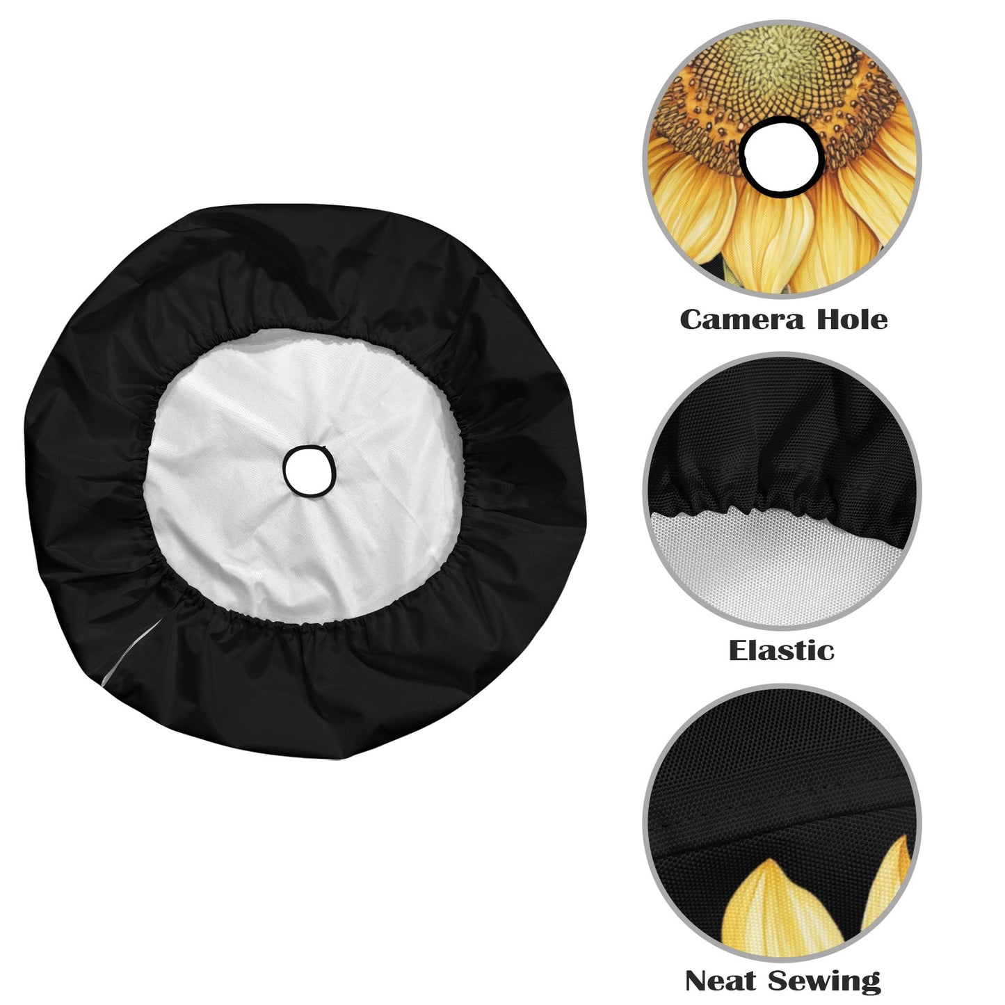 Sunflower Car Spare Tire Cover, Back Rear Extra Wheel Watercolor Floral Yellow Flowers Black Auto Camera Hole Unique Design Women RV Camper