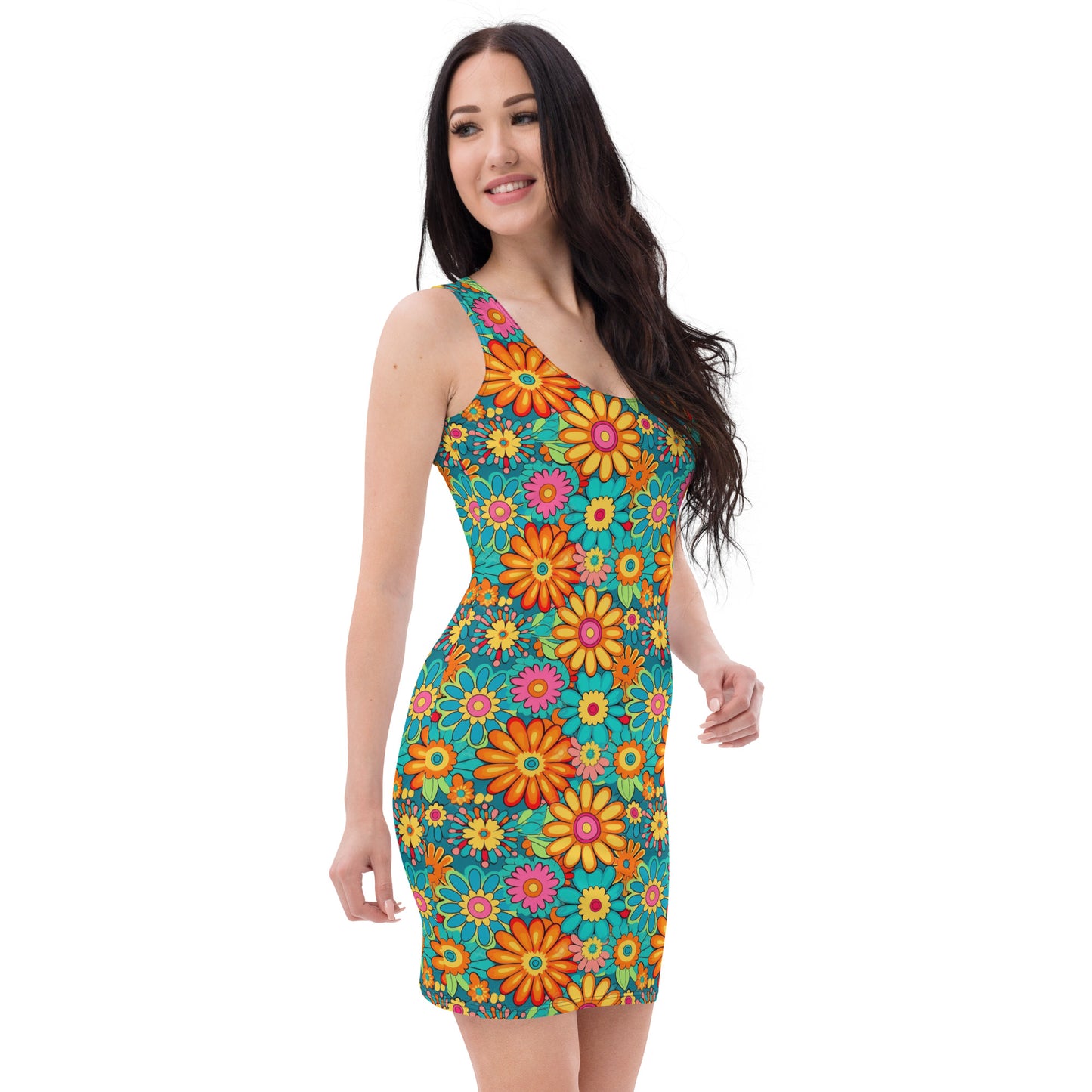 70s Floral Bodycon Dress, Groovy Green Hippie Colorful Pencil Fitted Homecoming Sleeveless Mini Cute Party Women Sexy Starcove Fashion