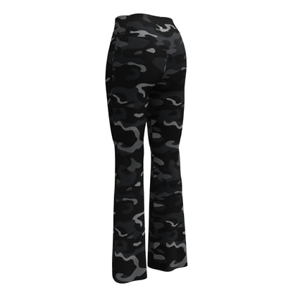 Black Camo Flared Leggings, Camouflage Printed High Rise Waisted Yoga Designer Pockets Workout Flare Pants Plus Size Bell Bottoms Ladies