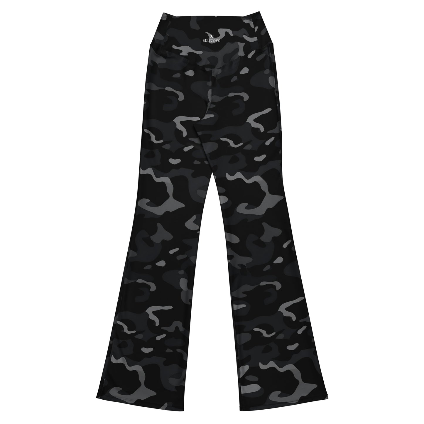 Black Camo Flared Leggings, Camouflage Printed High Rise Waisted Yoga Designer Pockets Workout Flare Pants Plus Size Bell Bottoms Ladies