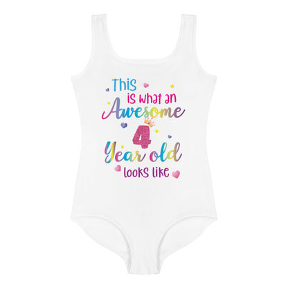 Awesome 4 Year Old Looks Like Little Girls Swimsuit, Custom Birthday 4th Fourth Year Fun Rainbow Party Gift Kids One Piece Bathing Suit Swimming