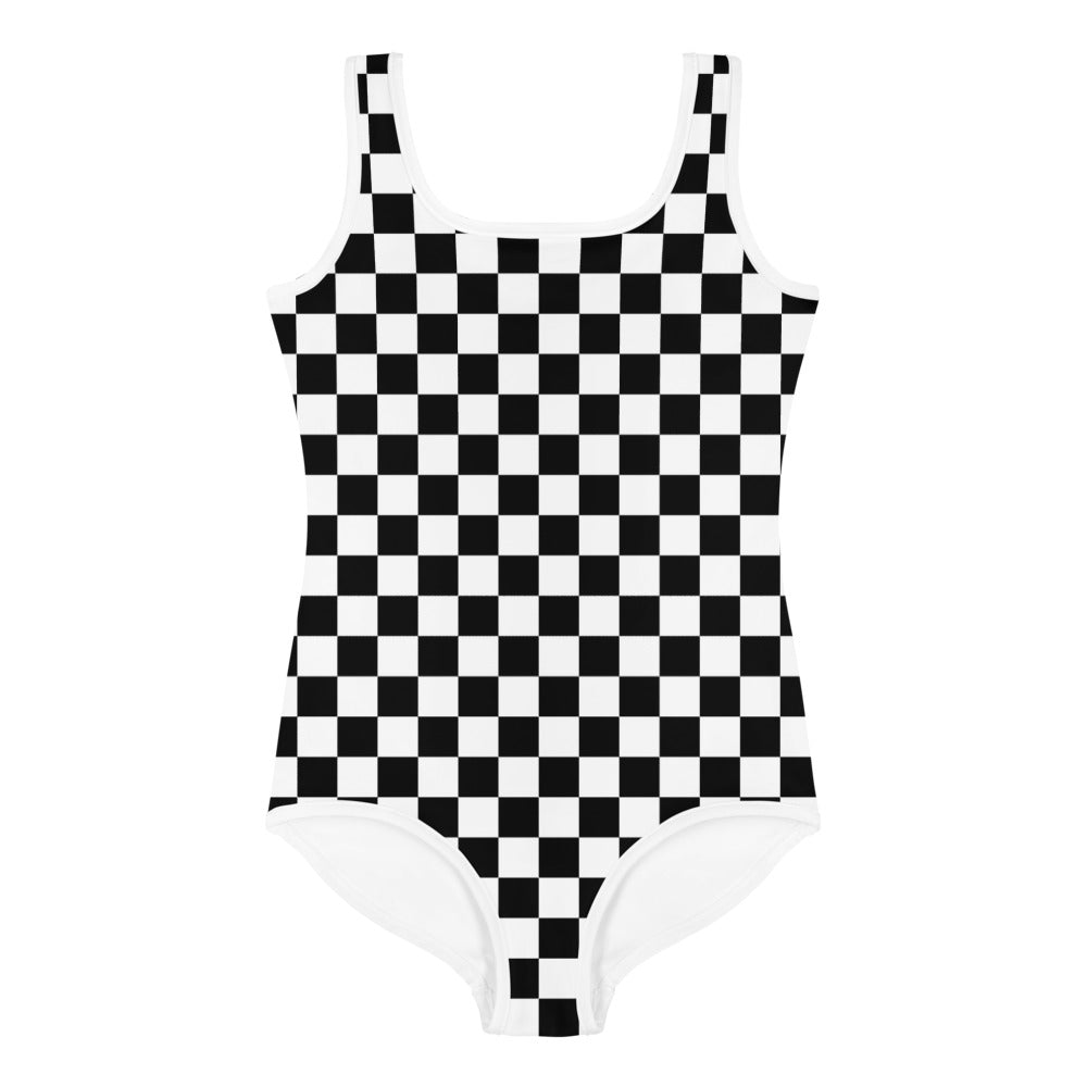 Checkered Kids Girls Swimsuits (2T - 7), Toddler Bathing Suit, Black and White Checkered Pattern Check Graphic One Piece Swimwear Starcove Fashion
