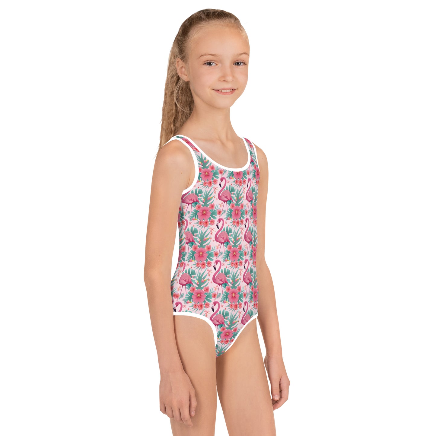 Pink Flamingo Little Girl Kids Swimsuits (2T - 7), Floral Flowers Toddler One Piece Bathing Suit Swimming Swim Children Swimwear