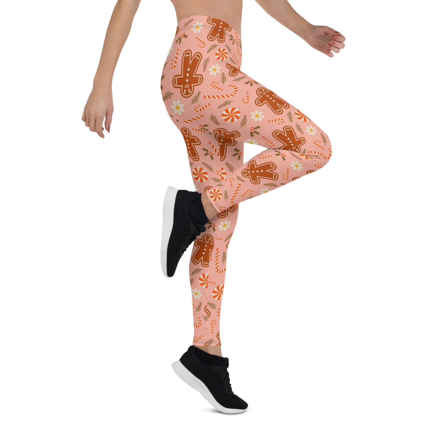 Gingerbread Man Leggings Women, Pink Candy Cane Christmas Xmas Holiday Graphic Printed Yoga Running Tights