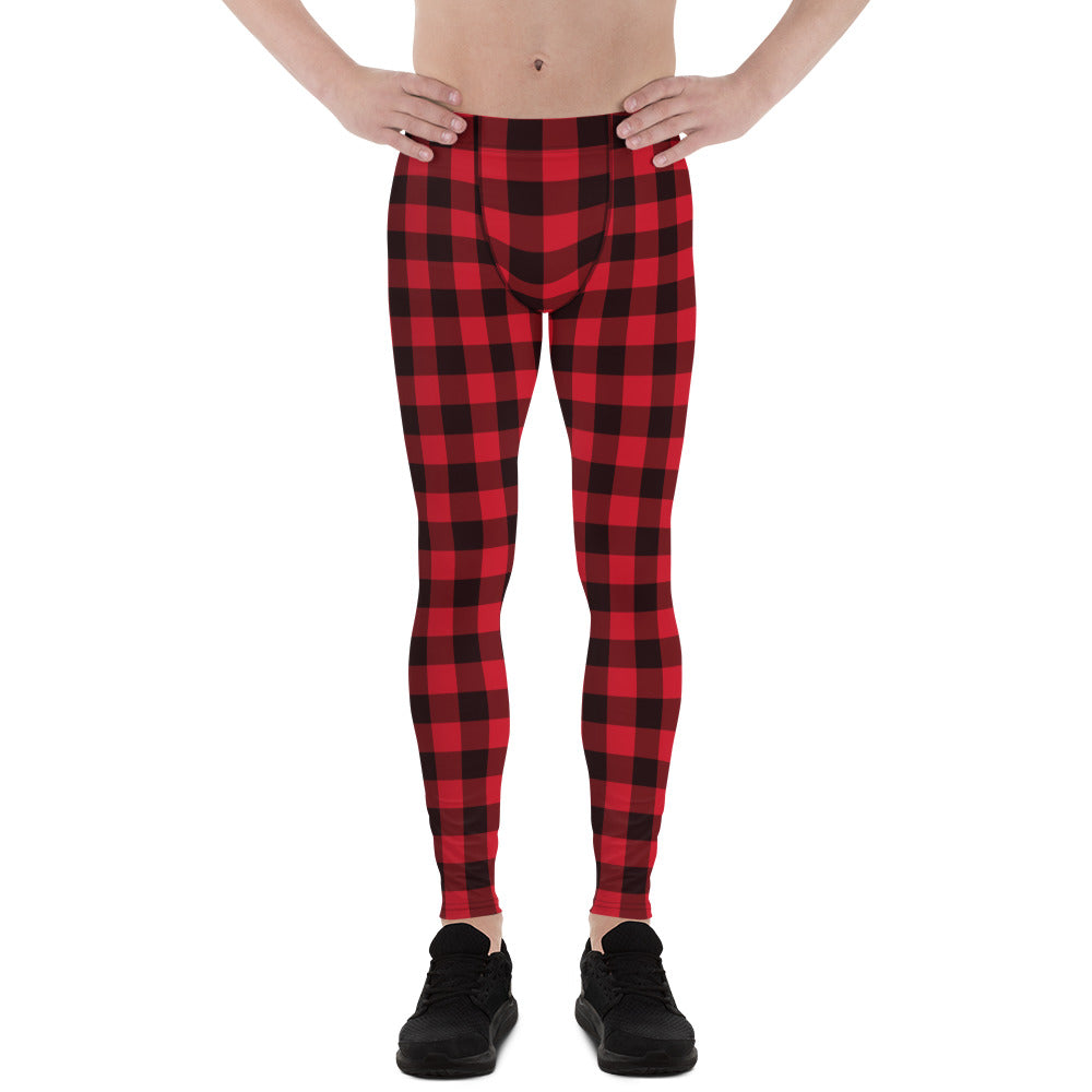 Red Black Buffalo Plaid Men's Leggings, Check Lumberjack Christmas