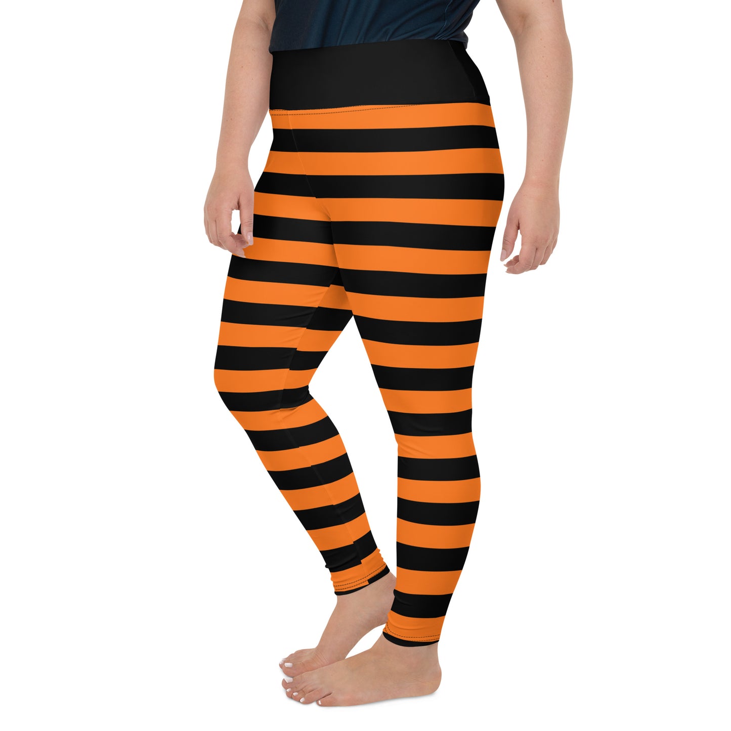 Black Orange Striped Plus Size Leggings Women, Halloween Witch Tights Goth Pumpkin Printed Yoga Pants Cute Adult Workout Designer Starcove Fashion