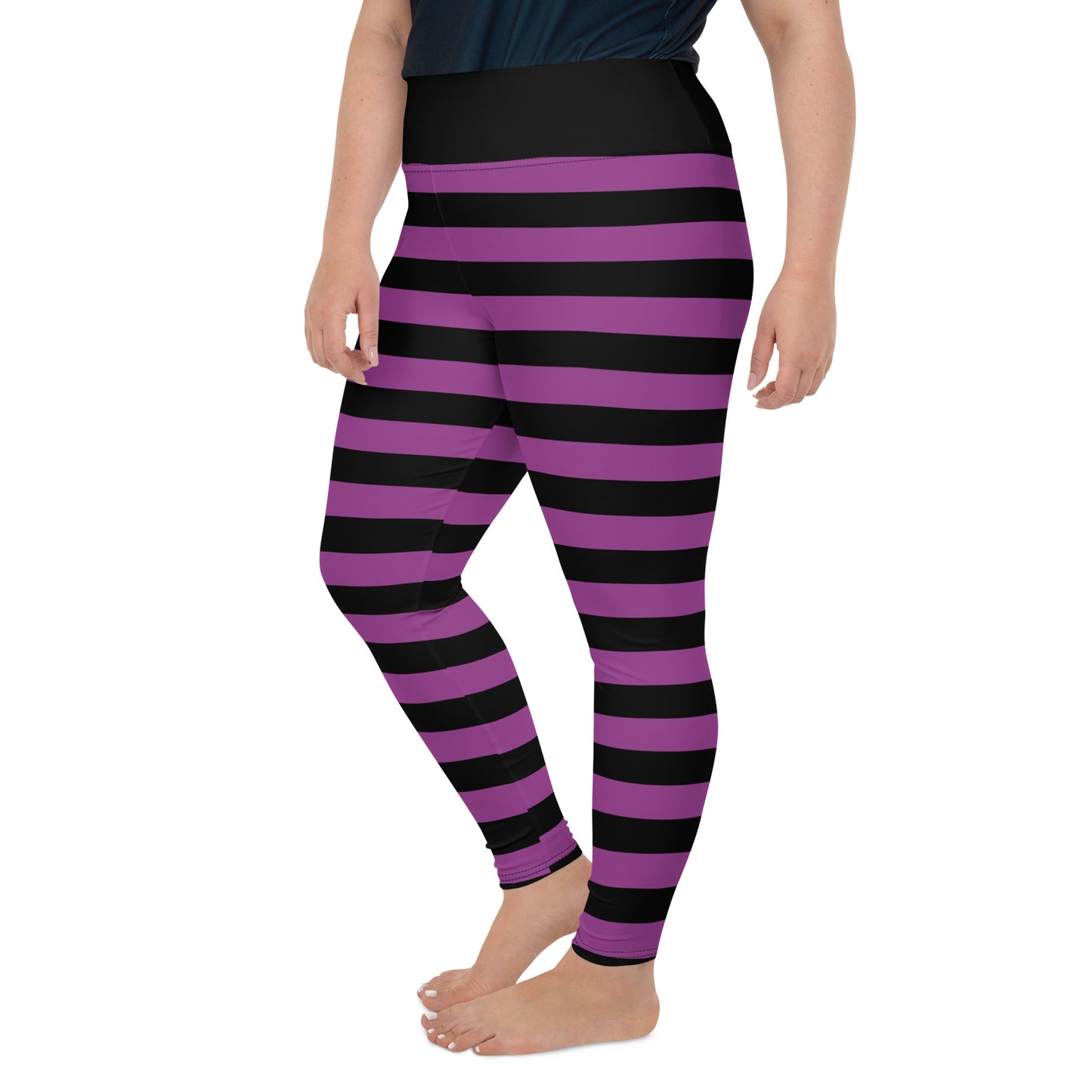 Black and Purple Striped Plus Size Leggings Women, Halloween Witch Tights Goth Printed Yoga Pants Cute Adult Workout Starcove Fashion