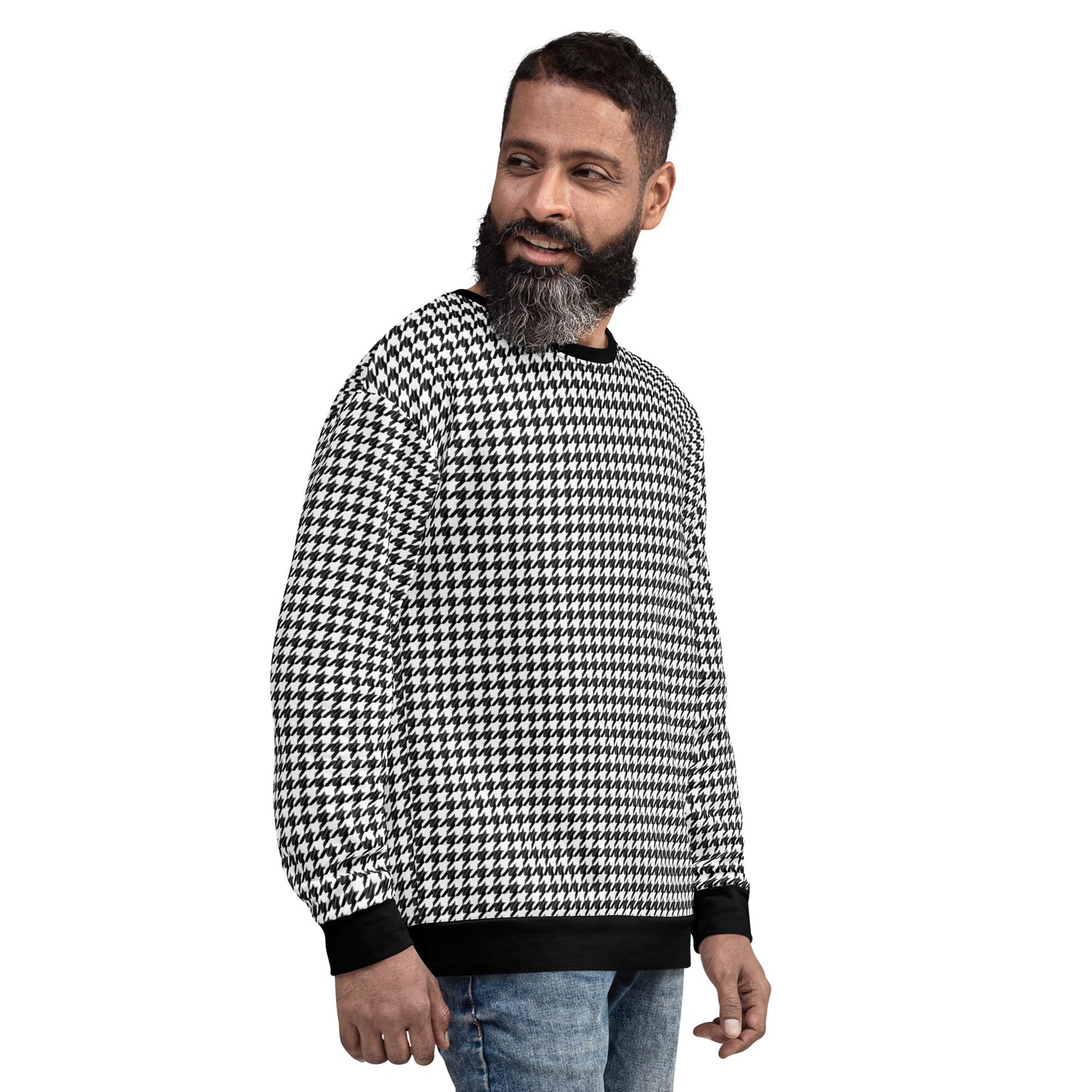 Houndstooth Black White Men Sweatshirt, Retro Pattern Check Plaid Cotton Sweater Jumper Vintage Designer Crewneck