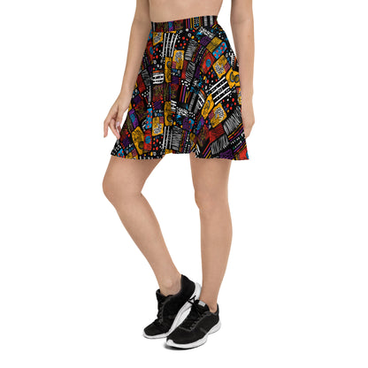 African Print Women Skirt, Patches Black Mini Summer Skater Short Circle Cute Handmade Party Ladies Pleated High Wasted