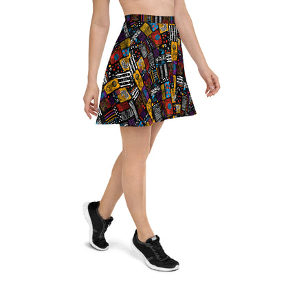 African Print Women Skirt, Patches Black Mini Summer Skater Short Circle Cute Handmade Party Ladies Pleated High Wasted