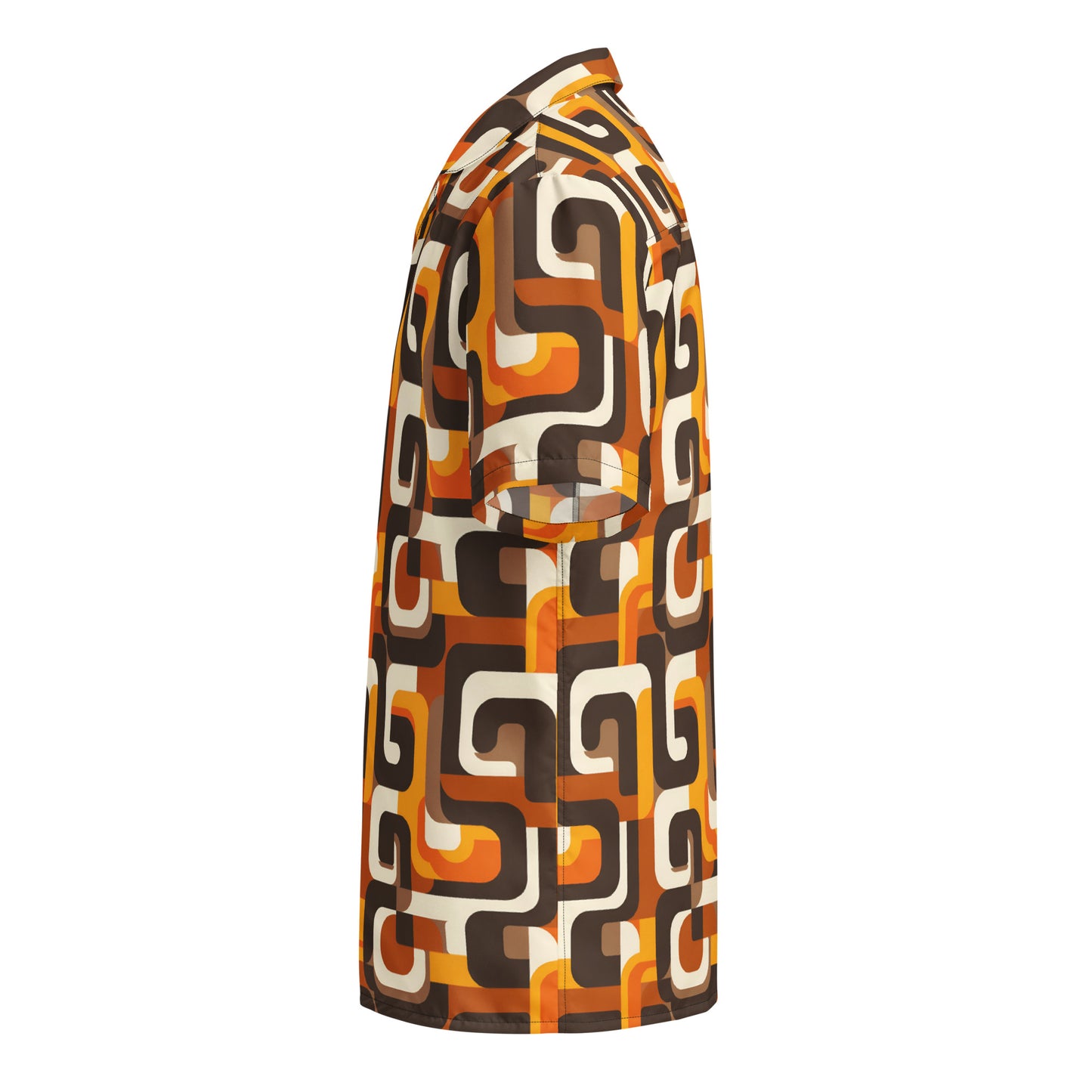 70s Retro Men Button Up Shirt, Geometric Vintage Brown Orange Short Sleeve Print Casual Buttoned Down Summer Hawaiian Collared Designer