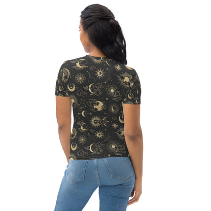 Sun Moon Stars Women T Shirt Top, Black Gold Celestial Constellation Cute Ladies Graphic Designer Crewneck Aesthetic Fashion Fitted Tee