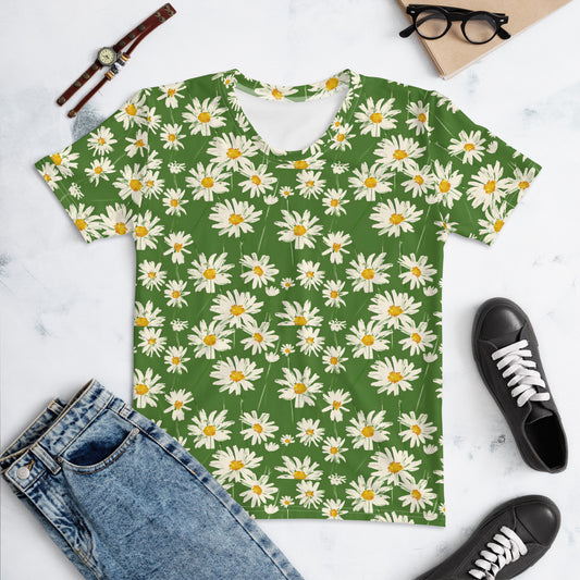 Daisy Floral Women Tshirt, Spring Flowers Green Mom Ladies Female Designer Aesthetic Fitted Crewneck Tee Shirt Top