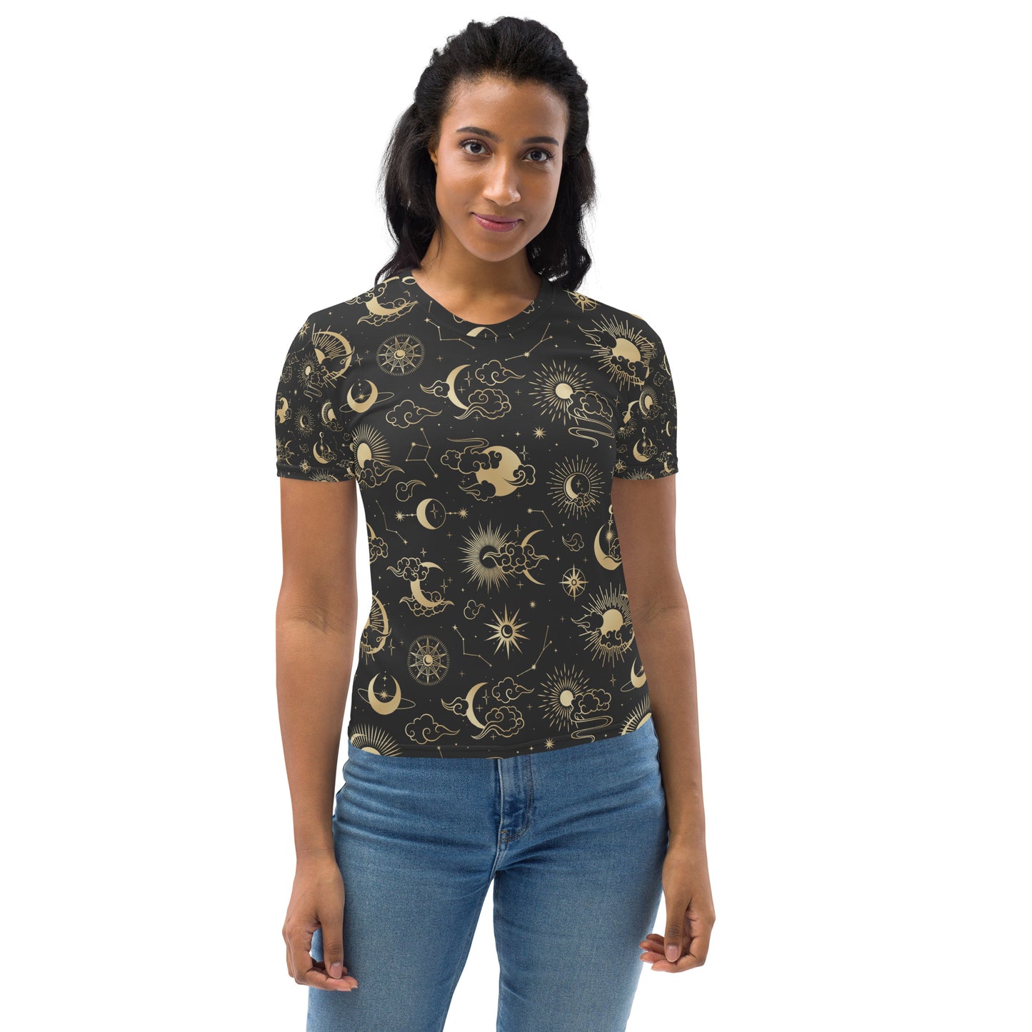 Sun Moon Stars Women T Shirt Top, Black Gold Celestial Constellation Cute Ladies Graphic Designer Crewneck Aesthetic Fashion Fitted Tee