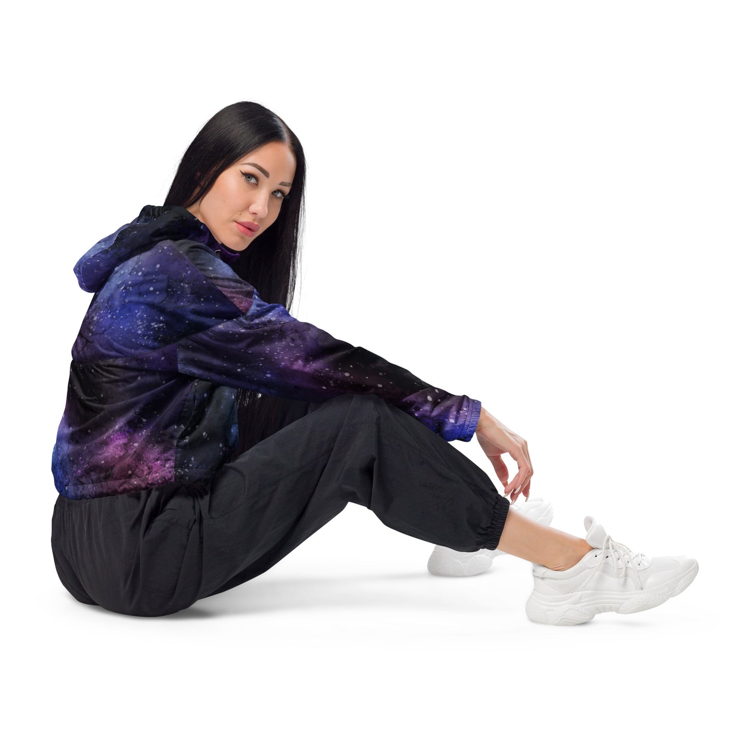 Galaxy Cropped Windbreaker Jacket Women, Purple Space Ladies Rain Coat Vintage Zipper Pockets Hooded Golf Designer Hoodie Starcove Fashion