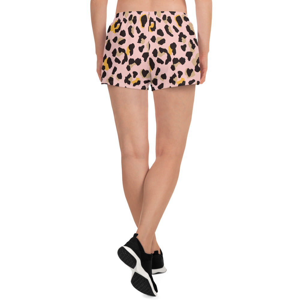 Pink Leopard Women Athletic Shorts, Animal Cheetah Print Workout Sports Gym Festival Running Moisture Wicking Ladies Bottoms Sustainable