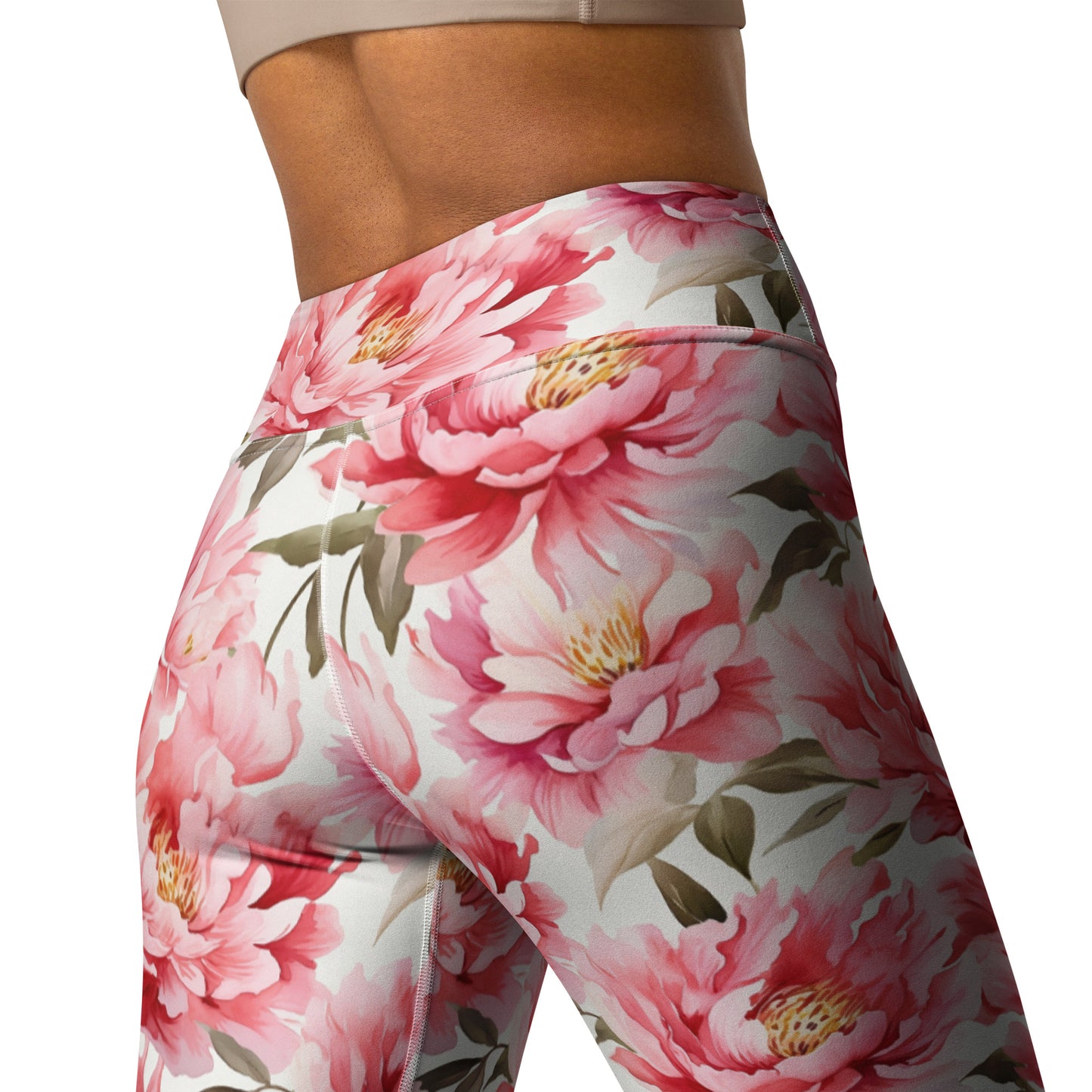 Pink Flowers Yoga Leggings Women, Peony Floral High Waisted Pants Cute Printed Graphic Workout Running Gym Designer Starcove Fashion