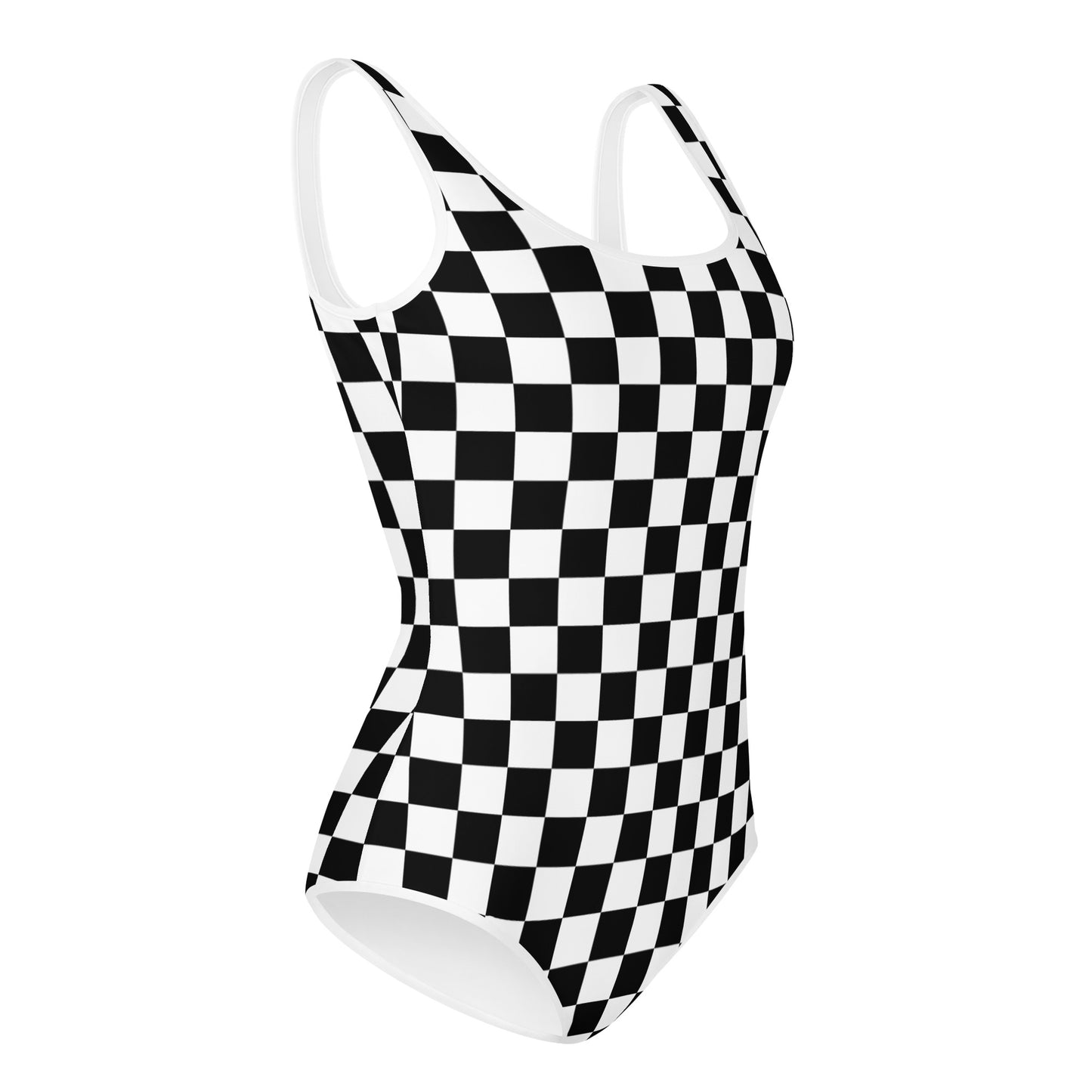 Checkered Girls Swimsuits, Tween Teen Kids Youth Teenager Bathing Suit Black and White Check One Piece Junior Swimwear