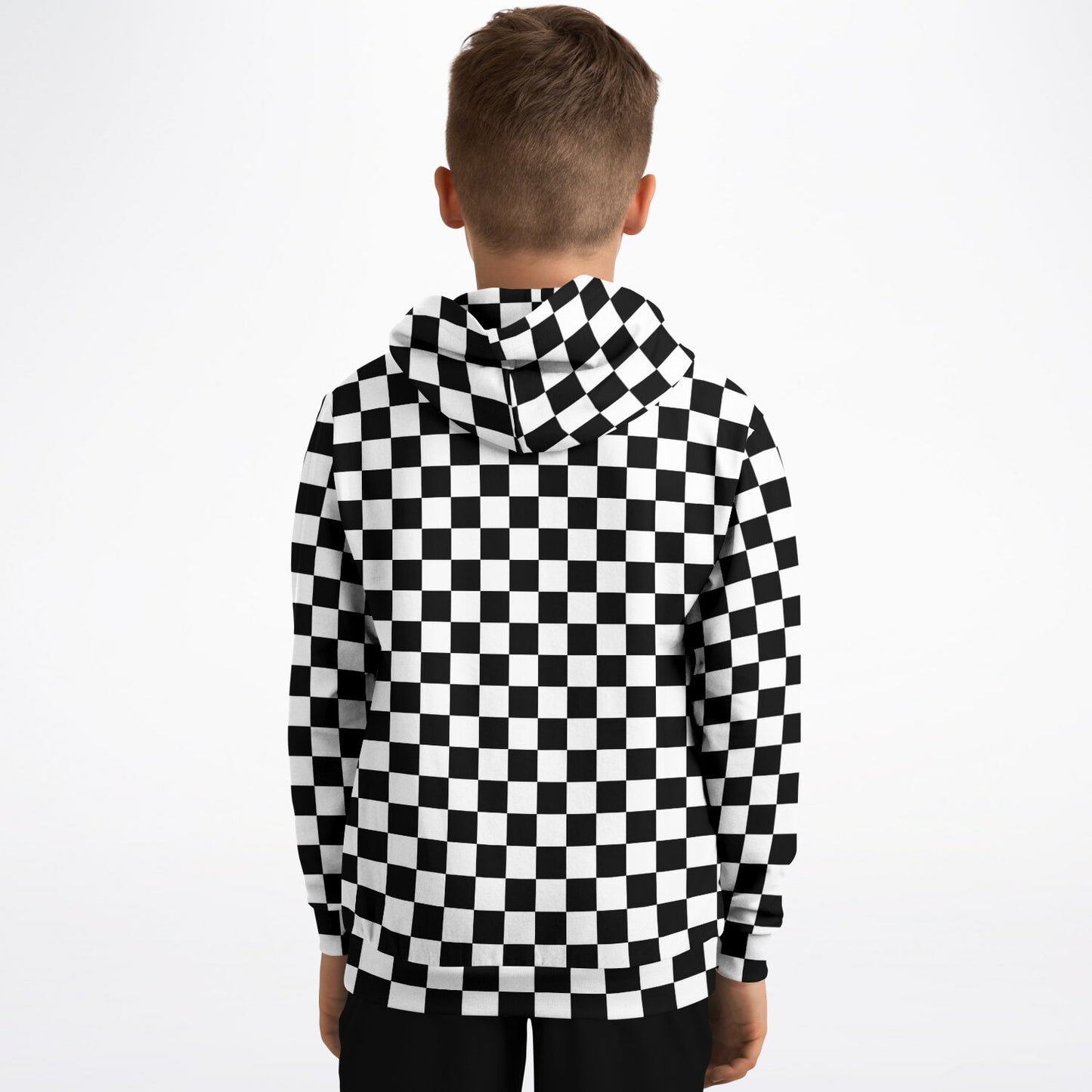 Checkered Kids Pullover Hoodie, Black White Check Girls Boy Toddler Youth Children Fleece Graphic Cozy Cotton Hooded Sweatshirt Pockets