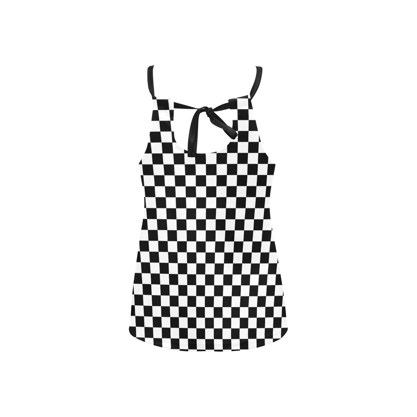 Black White Checkered Women Tank Top Adjustable Spaghetti Straps, Checkerboard Check Sleeveless Tie Back Halter Loose Fit Flowy Cute Shirt - Starcove Fashion