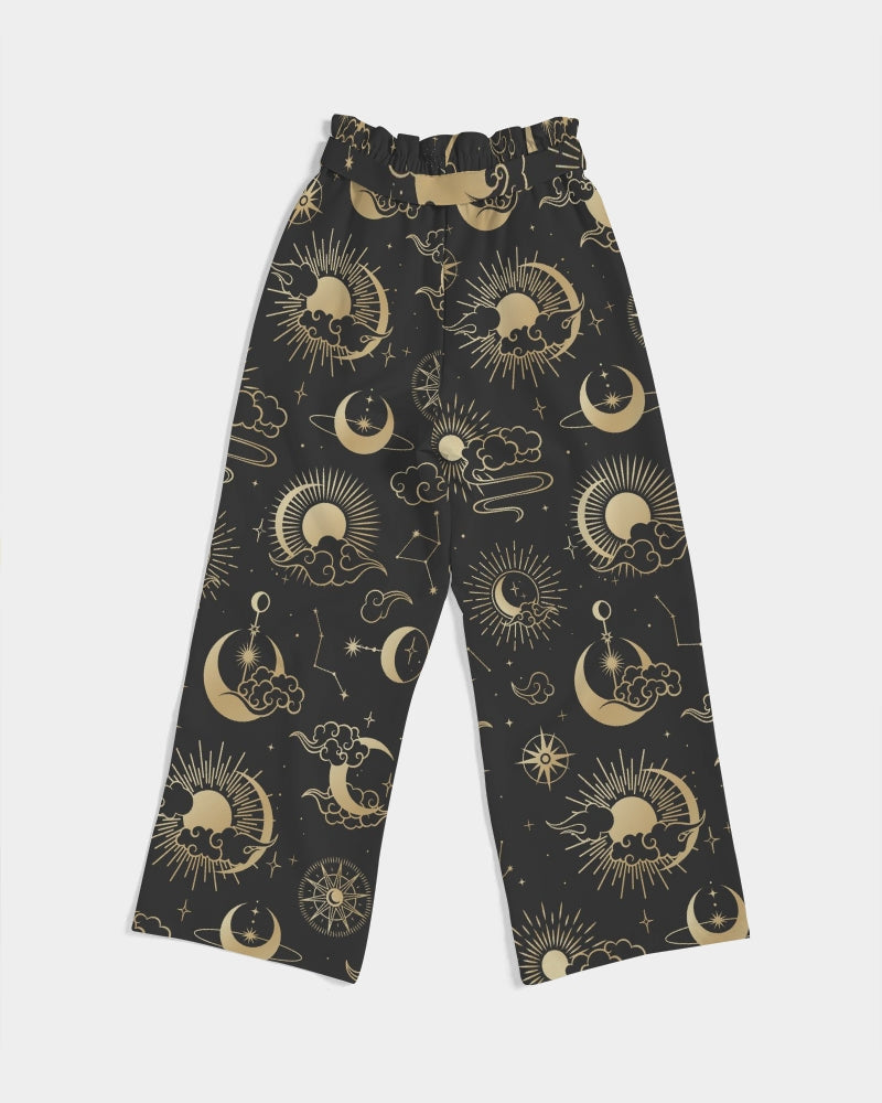 Sun Moon Women Wide Leg Pants Pockets, Constellation Celestial Space Yoga Trousers High Waisted Ladies Drawstring Lounge Flowy Work Summer