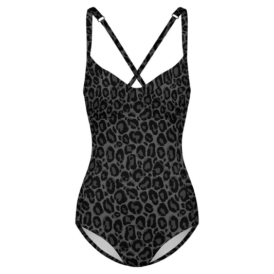 Black Leopard One Piece Swimsuit Women, Grey Animal Print Cheetah Cute Designer Swim Swimming Sexy Bathing Suits Body Ladies Swimwear