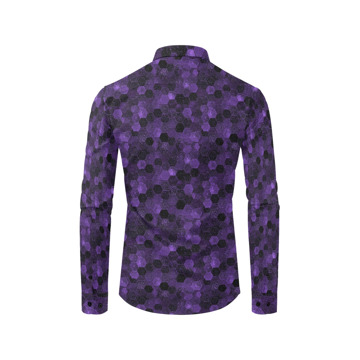 Black Purple Long Sleeve Men Button Up Shirt, Hexagonal Two Tone Combo Print Buttoned Collared Casual Dress Chest Pocket Guys Plus Size