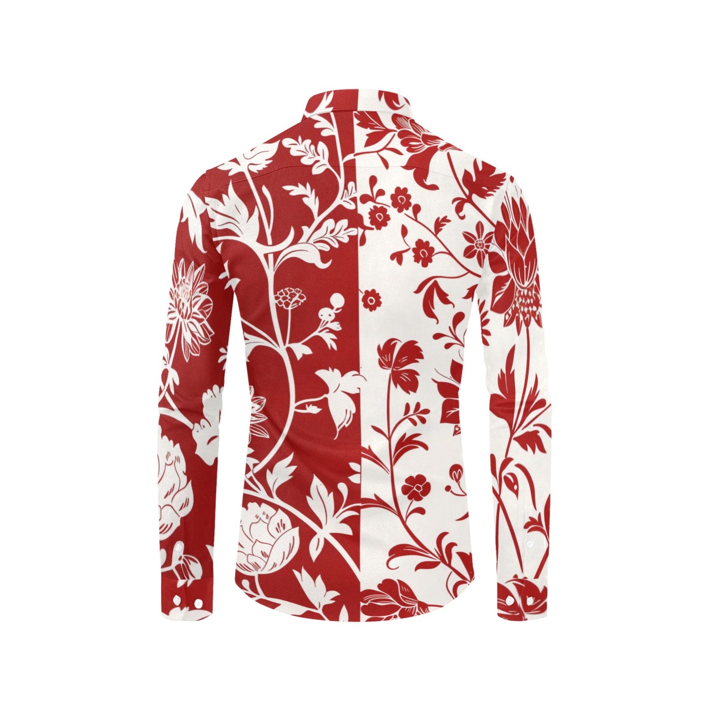 Red and White Floral Long Sleeve Men Button Up Shirt, Half Two Tone Print Guys Designer Casual Buttoned Collar Dress Shirt with Chest Pocket