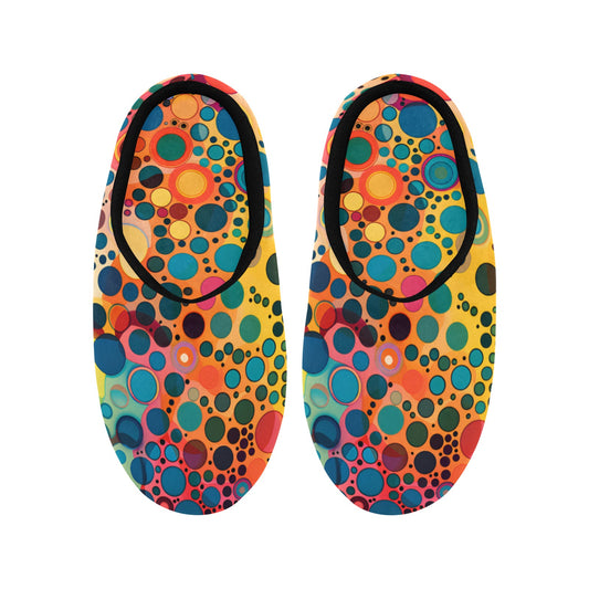 Psychedelic Women's Slippers, Colorful Dots Art Funky Ladies House Slide Handmade Bedroom Warm Winter Cozy Designer Slip On Cotton Shoes