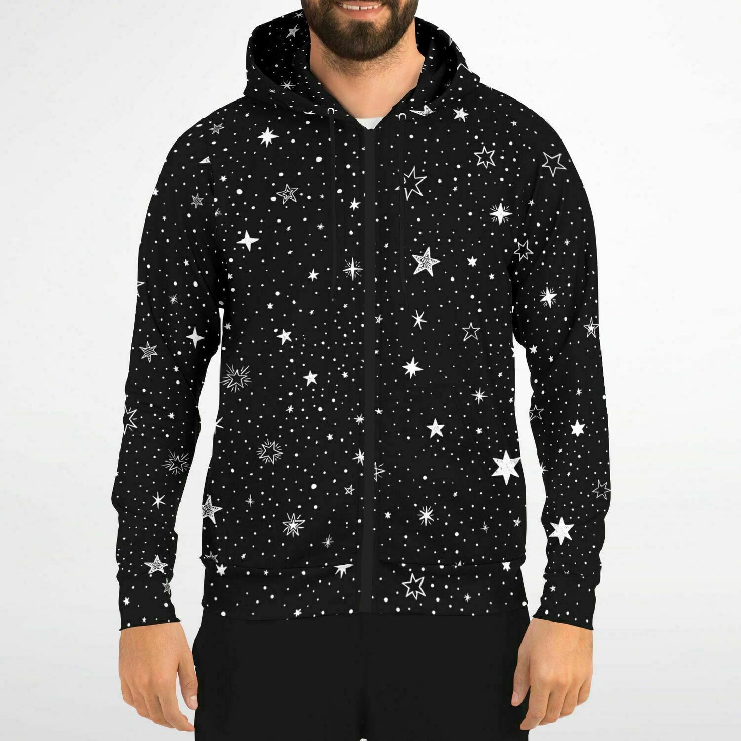 Stars Zip Up Hoodie, Black White Space Celestial Galaxy Full Zipper Pocket Men Women Unisex Ladies Graphic Cotton Fleece Hooded Sweatshirt