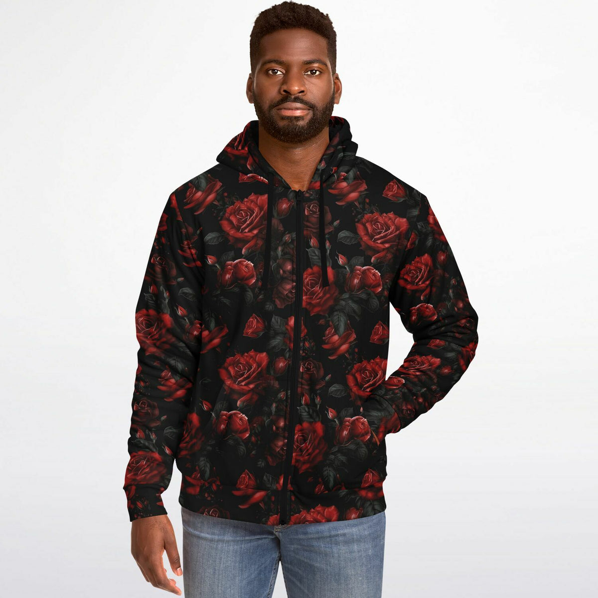 Red Roses Zip Up Fleece Lined Hoodie, Floral Flowers Sherpa Heavyweight Full Zipper Pocket Men Women Unisex Graphic Hooded Sweatshirt Jacket