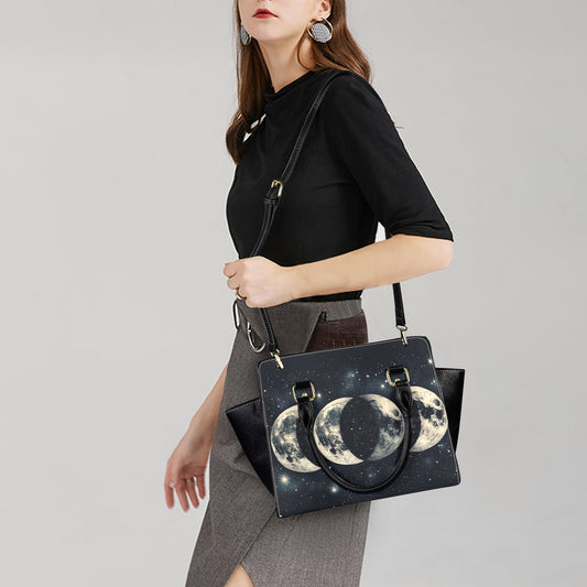 Moon Phases Celestial Leather Purse Handbag, Stars Space Vintage Designer Women Ladies Satchel Top Zip Handle Black Bag Shoulder Strap - Starcove Fashion
