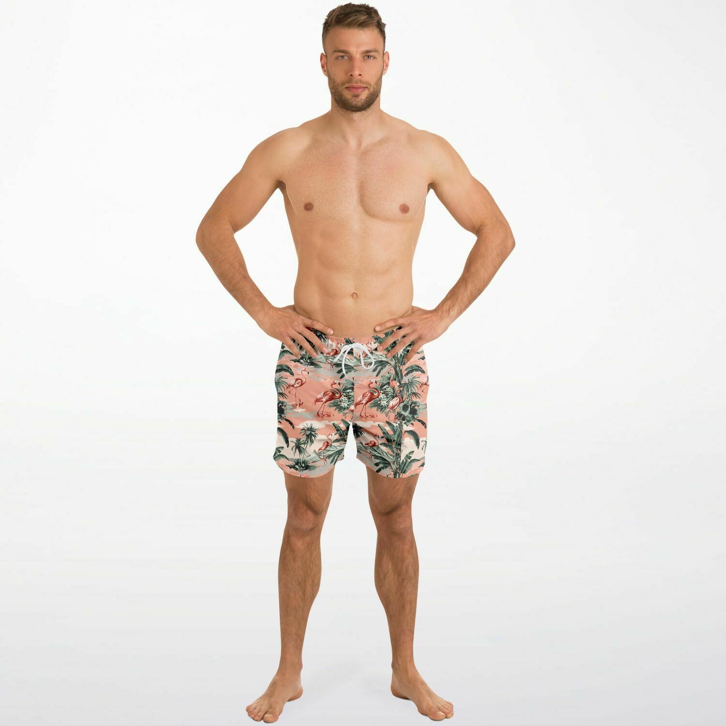 Pink Flamingo Men Swim Trunks, Green Palm Tree Shorts Beach Surf Swimwear Male Back Pockets Mesh Lining Drawstring Bathing Suit Board