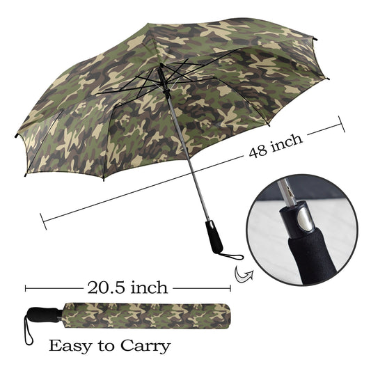 Camo Umbrella, Green Camouflage Print Golf Anti-UV Semi-Automatic Sun Rain Parasol Large Compact Windproof Designer Luxury Men Women