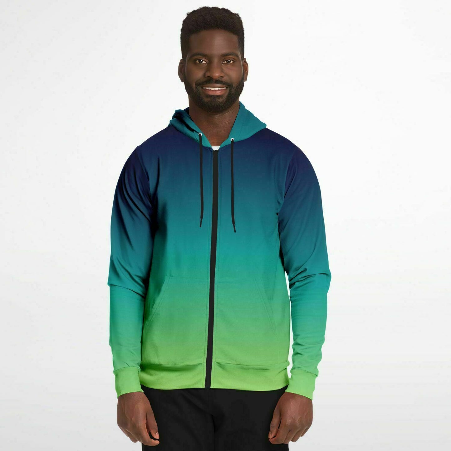 Blue Green Ombre Zip Up Hoodie, Gradient Tie Dye Front Zipper Pocket Men Women Unisex Adult Aesthetic Cotton Fleece Hooded Sweatshirt Starcove Fashion