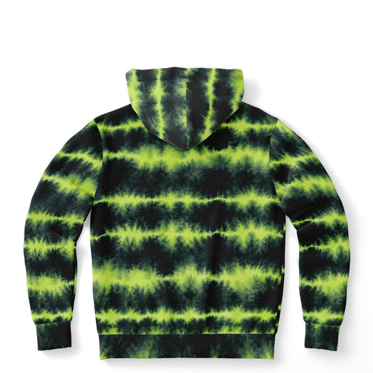Lime Green Tie Dye Hoodie, Green Shibori Charcoal Striped Pullover Men Women Adult Cotton Hooded Sweatshirt Pockets Designer Plus Size