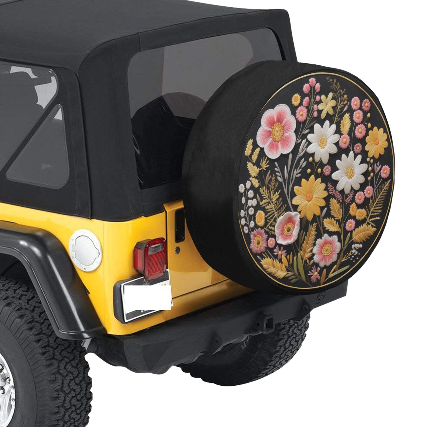 Pink Yellow Flowers Spare Tire Cover, White Faux Embroidery Printed Floral Wheel Unique Backup Camera Hole Trailer Back Women RV Accessory