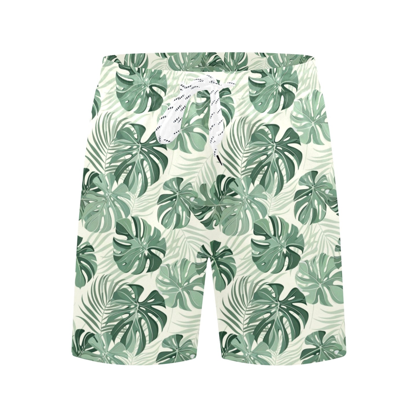 Monstera Leaf Men Swim Trunks, Green Tropical Mid Length Shorts Beach Surf Swimwear Male Back Pockets Mesh Lining Drawstring Bathing Suit