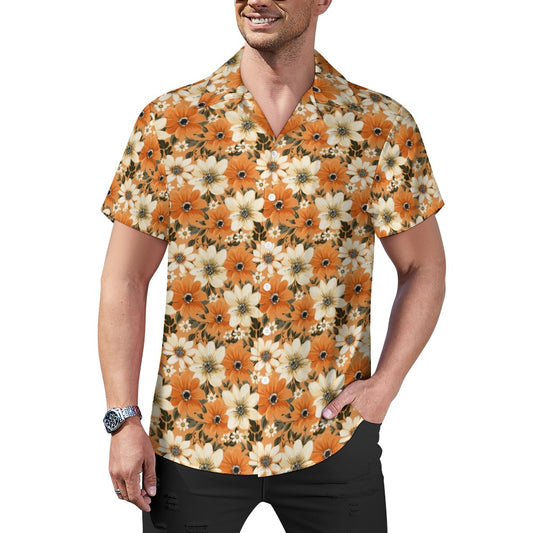 Retro Floral Men Button Up Shirt Wide Collared, Orange 1970's Seventies Vintage Flowers Short Sleeve Print Casual Buttoned Down Guys Starcove Fashion