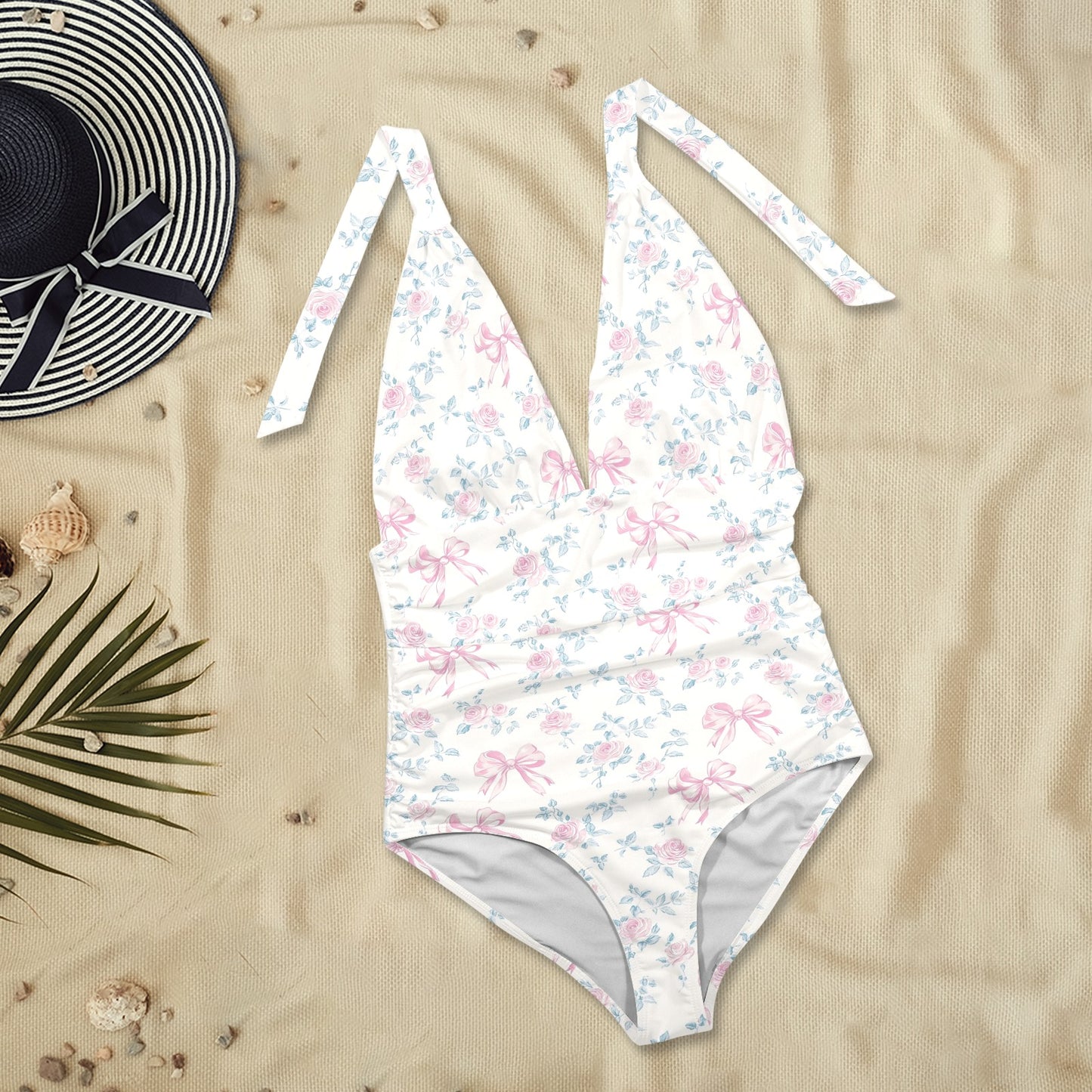 Pink Rose Bows One Piece Swimsuit Women, Floral Flower Plunge Halter Backless Designer Swim Swimming Sexy Bathing Suits Body Ladies Swimwear