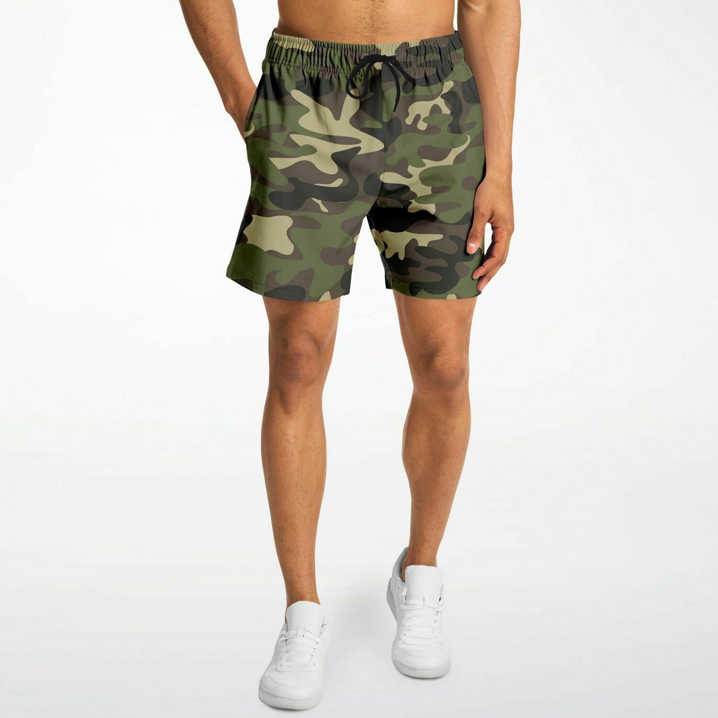 Camo Men Shorts, Camouflage Green Army Beach Mid Length 7" Inch Inseam Casual with Pockets Drawstring Casual Designer Summer