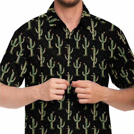 Cactus Men Button Up Shirt, Desert Black Western Short Sleeve Print Casual Buttoned Down Summer Male Guys Collared Designer Dress