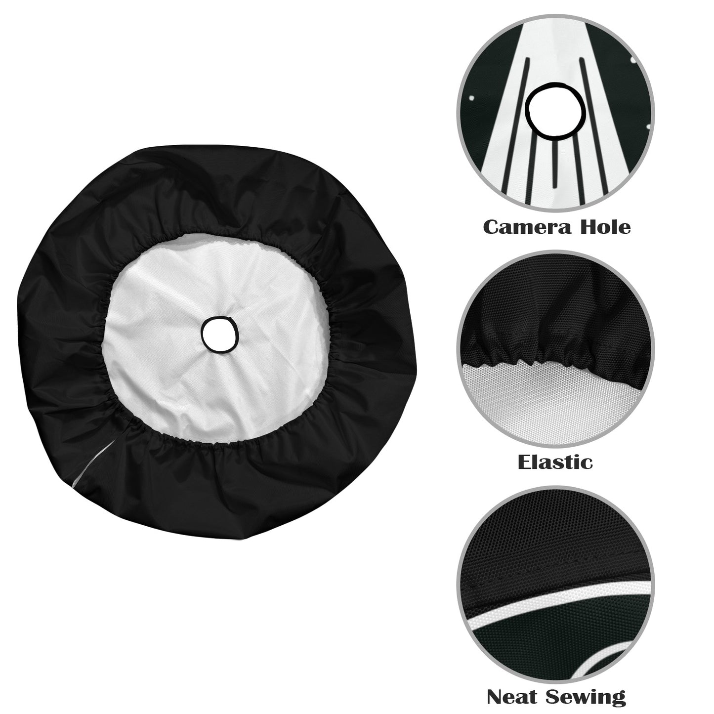 UFO Spare Tire Cover, Alien Pine Trees Mountain Black White Backup Camera Hole Rear Wheel Accessories Custom Unique Design Trailer Camper RV