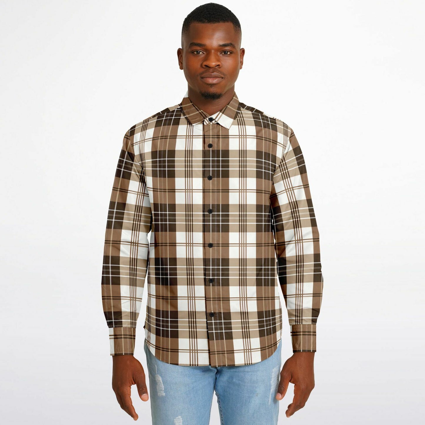 Brown Check Plaid Long Sleeve Men Button Up Shirt, White Tartan Guys Male Print Buttoned Down Collared Graphic Casual Dress Shirt
