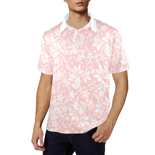 Pink White Floral Men Polo Shirt, Vintage Flowers Short Sleeve Classic Collared Male Button Down Up Rugby Golf Gift Guys Tee Tshirt